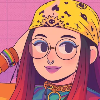 Illustrated portrait of Eimazings in a yellow bandana and round glasses