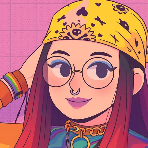 Illustrated portrait of Eimazings in a yellow bandana and round glasses